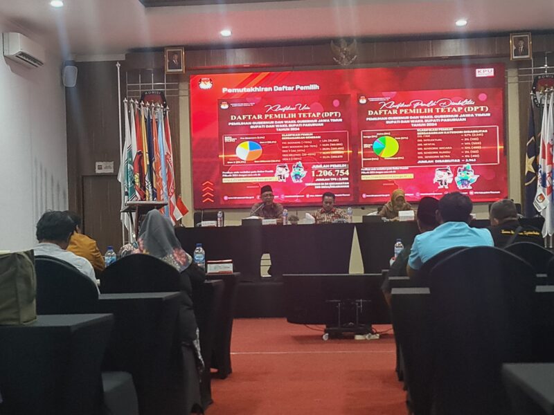 Teks foto : Gelar FGD KPU saat paparkan selama kegitan pemilukada di gedung aula KPU Kec Bangil, Kab Pasuruan.